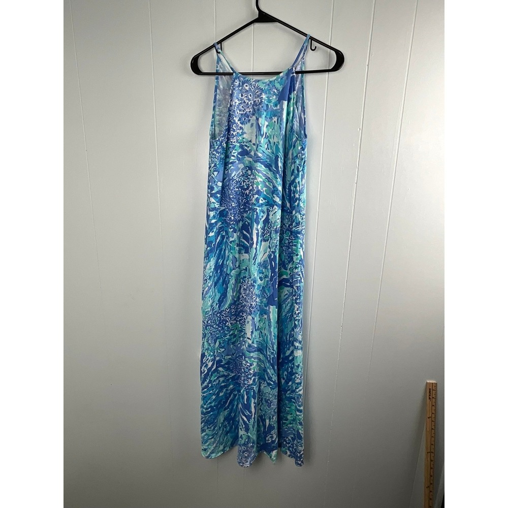 Lilly Pulitzer Blue Floral Pima Cotton Maxi Dress Womens Small Sleeveless Halter